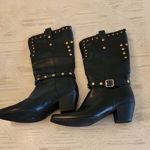 Ronilurn Gold Studded Mid Calf Pointed Toe Black Leather Heeled Boots Size 12